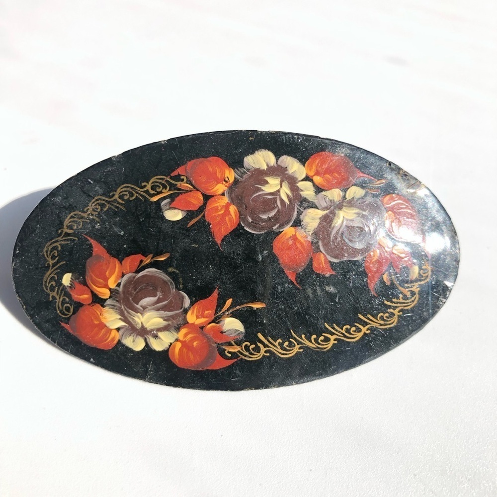 Vintage Black & brown Floral hand painted oval hair clip barrett